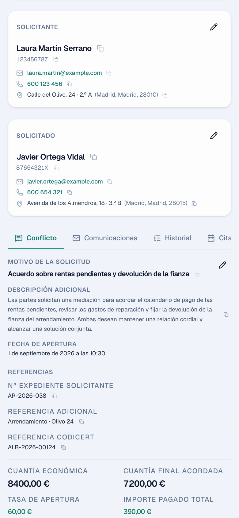 El expediente de Laura Martín y Javier Ortega en la interfaz móvil de SIMASC